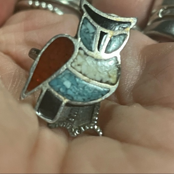 Vintage Native American Sterling silver chip inlay OWL ring sz 5 - Picture 5 of 8